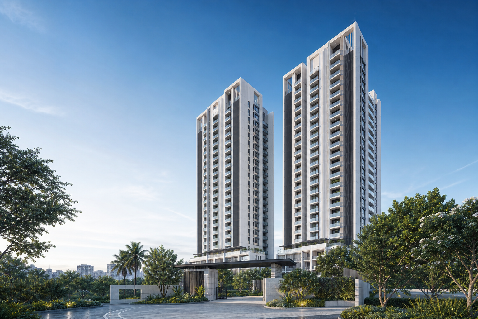 Purva Skye apartment towers beside landscaped grounds on Hennur Main Road