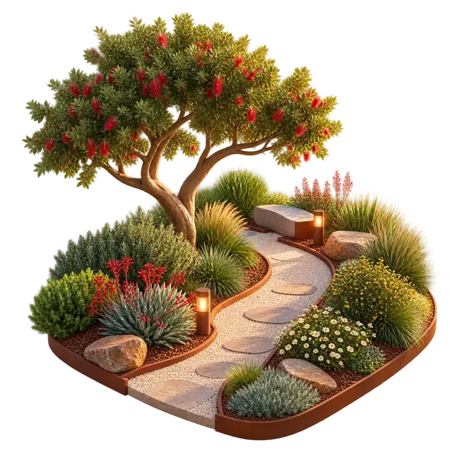 Purva Skye landscaped garden with shaded paths, layered planting and shared seating