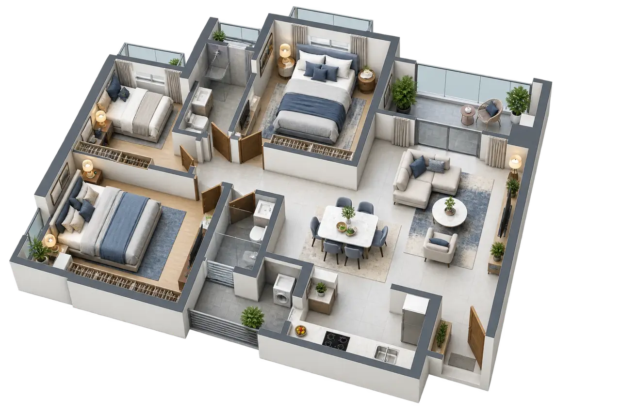 Conceptual three-bedroom apartment planning study