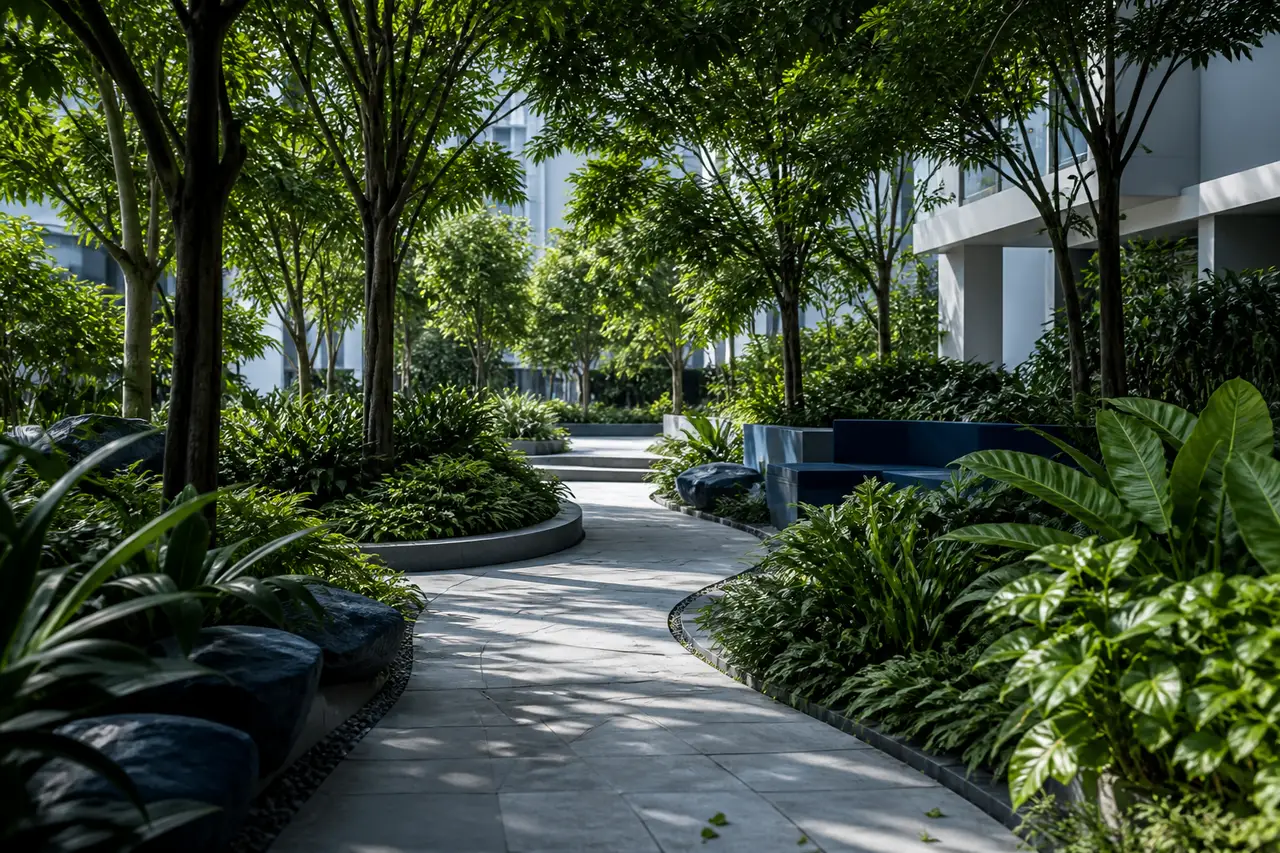 Landscaped residential garden walk with shaded seating