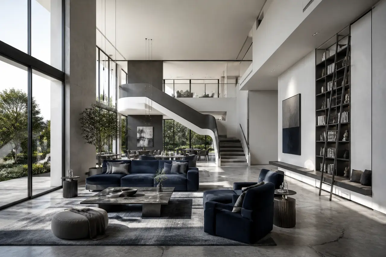 Contemporary shared residential lounge with cool blue accents