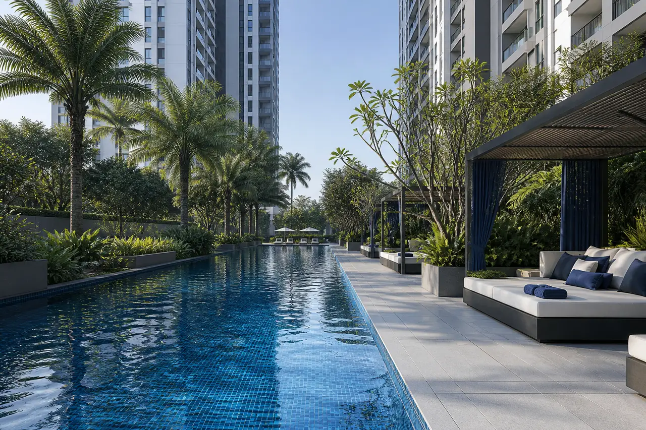 Landscaped pool deck between contemporary residential towers
